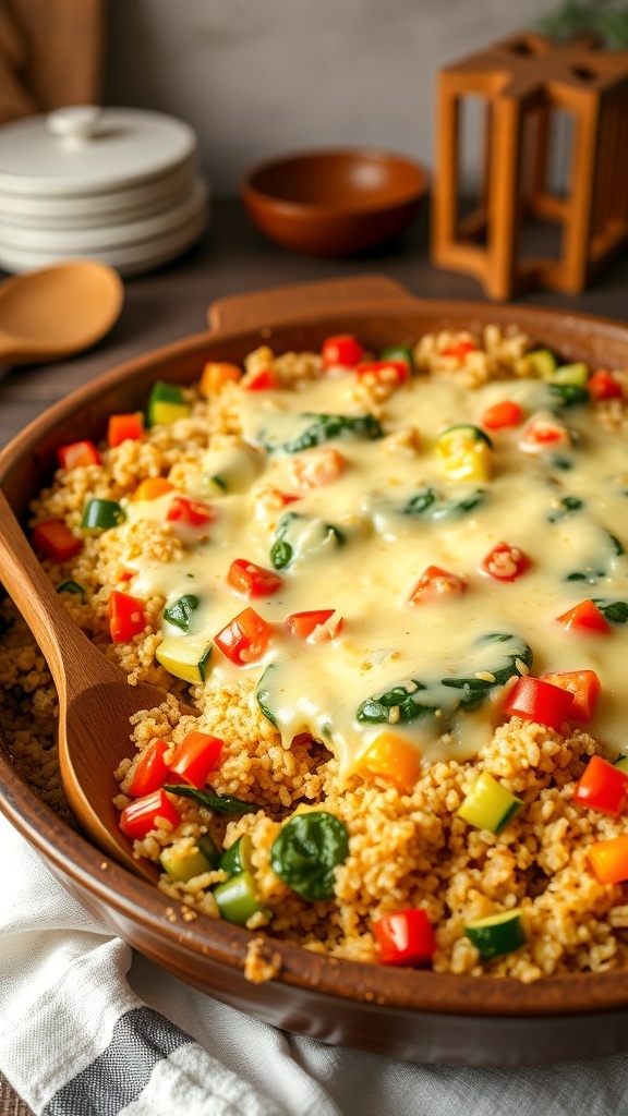 A vegetable quinoa casserole with cheese, bell peppers, zucchini, and spinach in a baking dish, served with a wooden spoon.